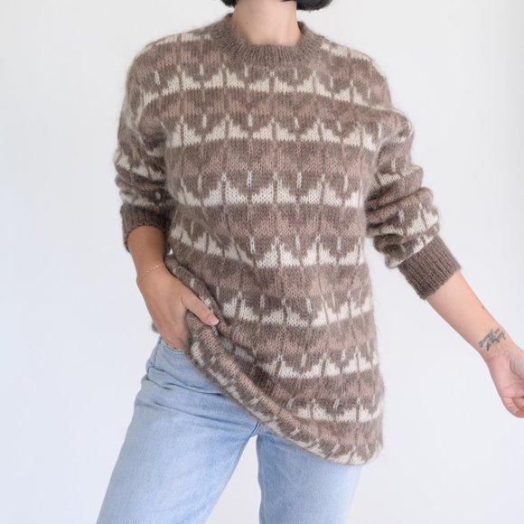 Vintage Dior Brown & Cream 60% Mohair Crewneck Long Sleeve Sweater Size Med - Picture 3 of 15